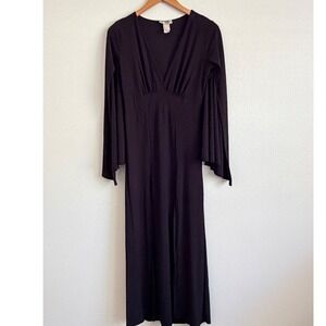 Jasmine Black Maxi Dress Sz Med V-Neck Split Bell Sleeve Empire Waist Gown Slit